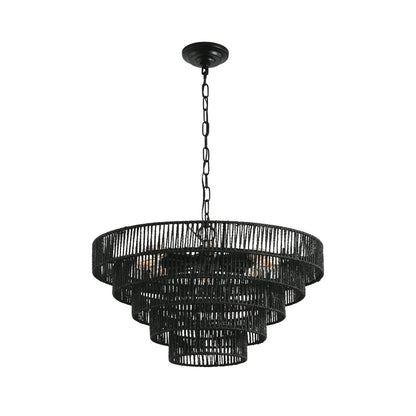 24" Rustic 5-Tier Black Hemp Rope Pendant Light Chandelier