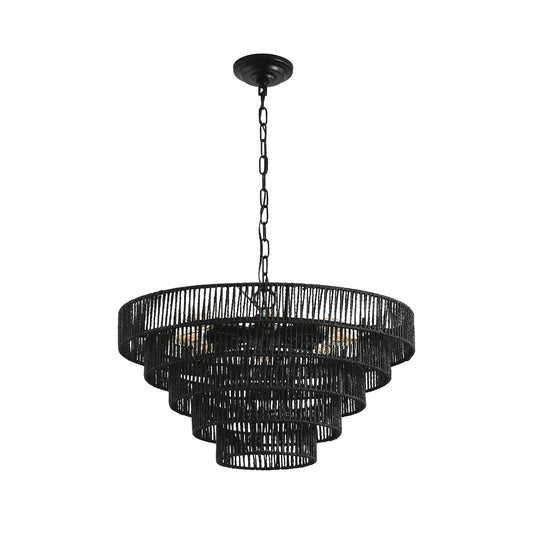 24" Rustic 5-Tier Black Hemp Rope Pendant Light Chandelier