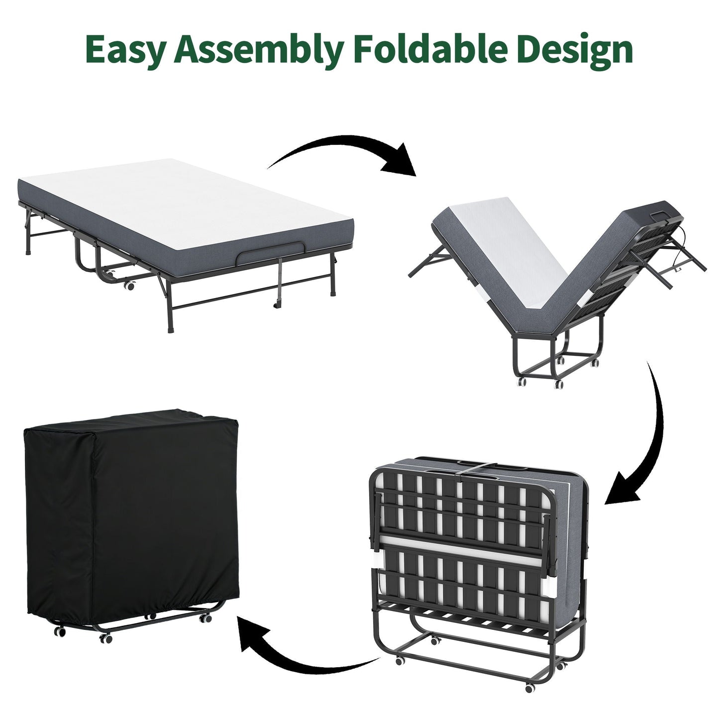 Twin Wide Folding Bed For Tall People, Extra Long & Wide Rollaway With Memory Foam, Heavy-Duty - Black