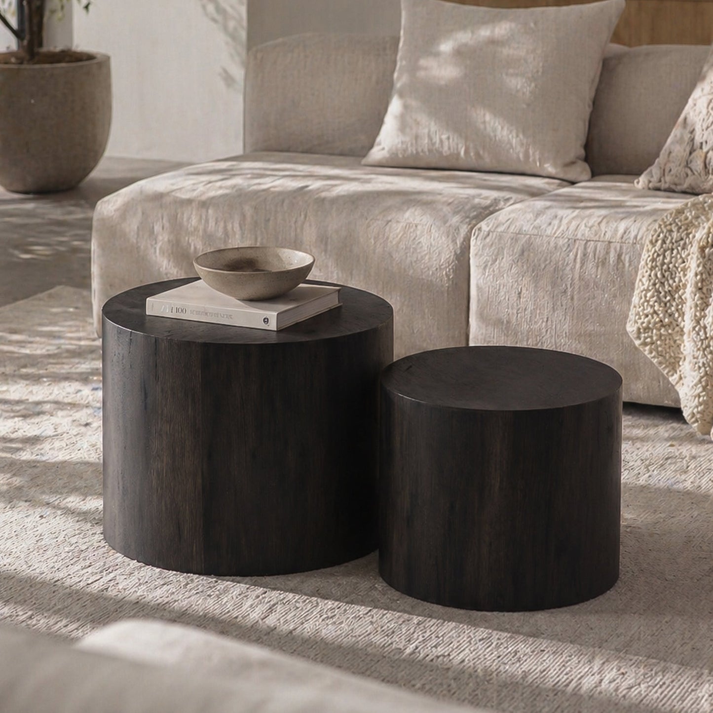 Nesting Coffee Table Set of 2 Round Wooden Tables
