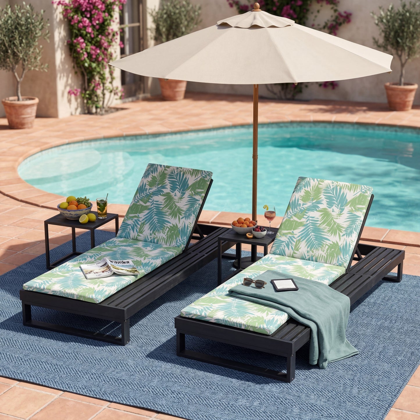 Black Acacia Wood Chaise Lounge with Leaf Coconut Cushion