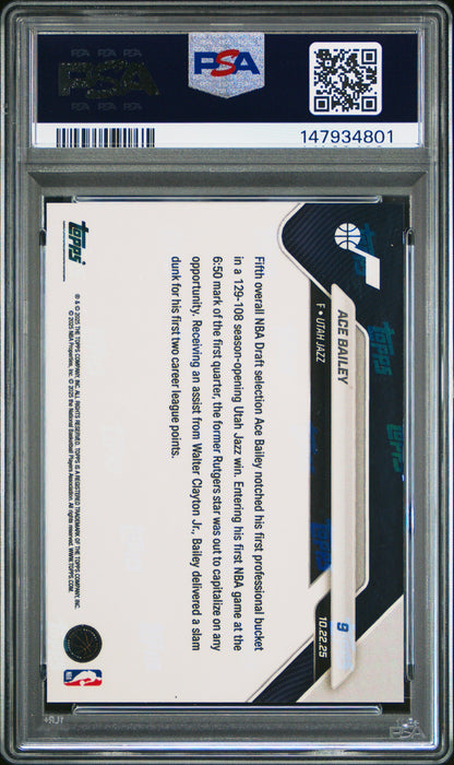Graded 2025 Topps Now Ace Bailey #9 FoilFractor 1/1 Rookie RC Basketball Card PSA 9 Mint