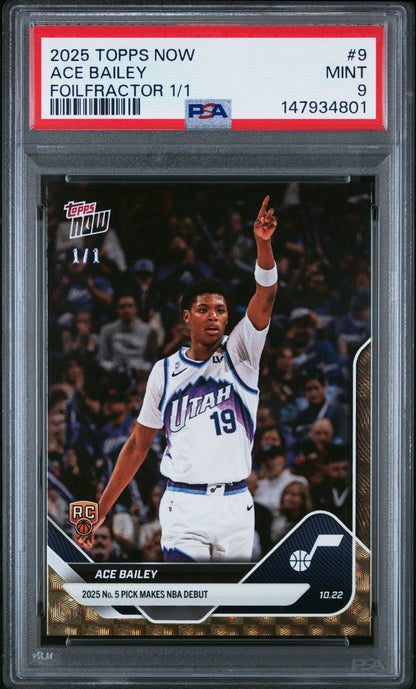 Graded 2025 Topps Now Ace Bailey #9 FoilFractor 1/1 Rookie RC Basketball Card PSA 9 Mint