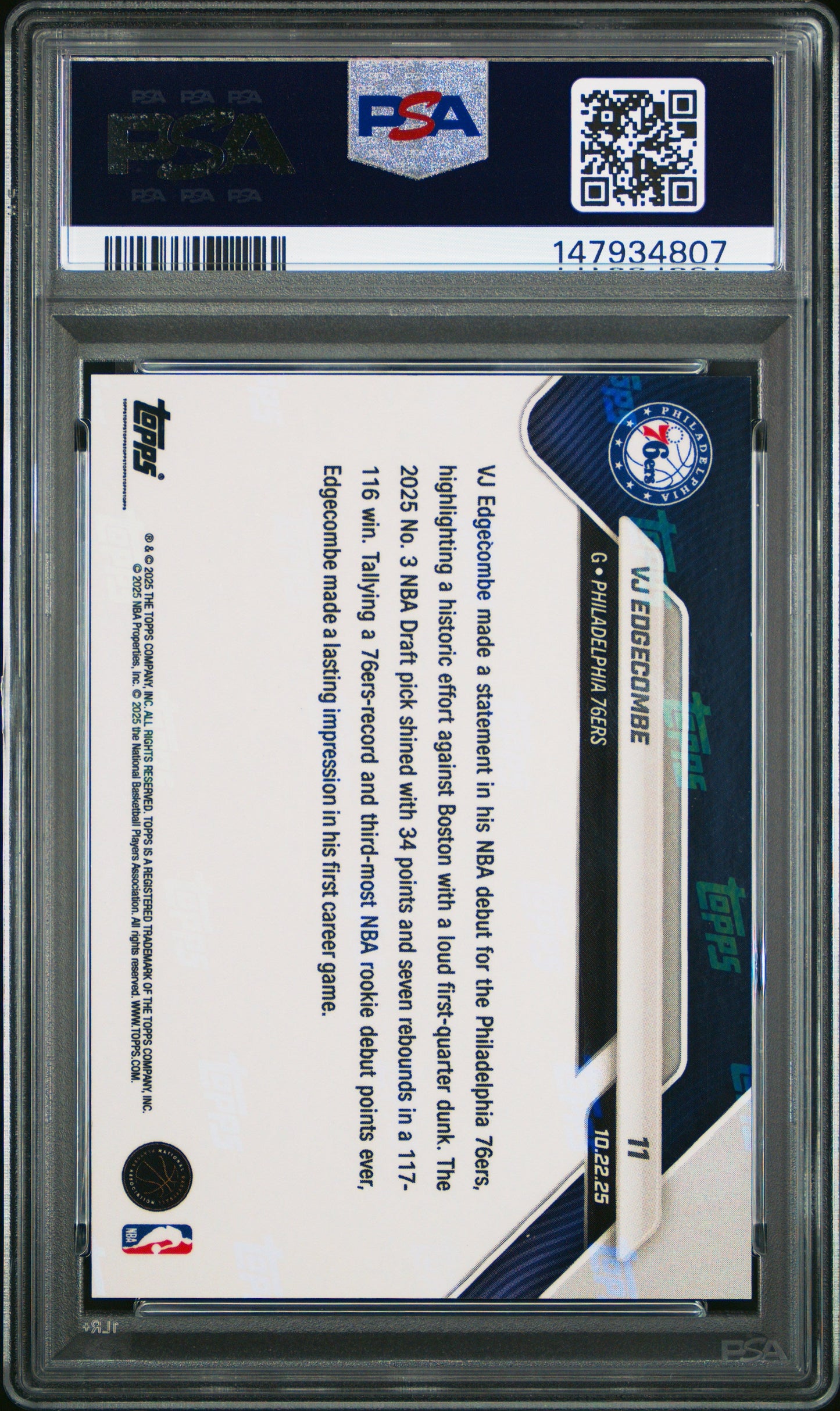 Graded 2025 Topps Now VJ Edgecombe #11 Green Foil /99 Rookie RC Basketball Card PSA 8 Near Mint