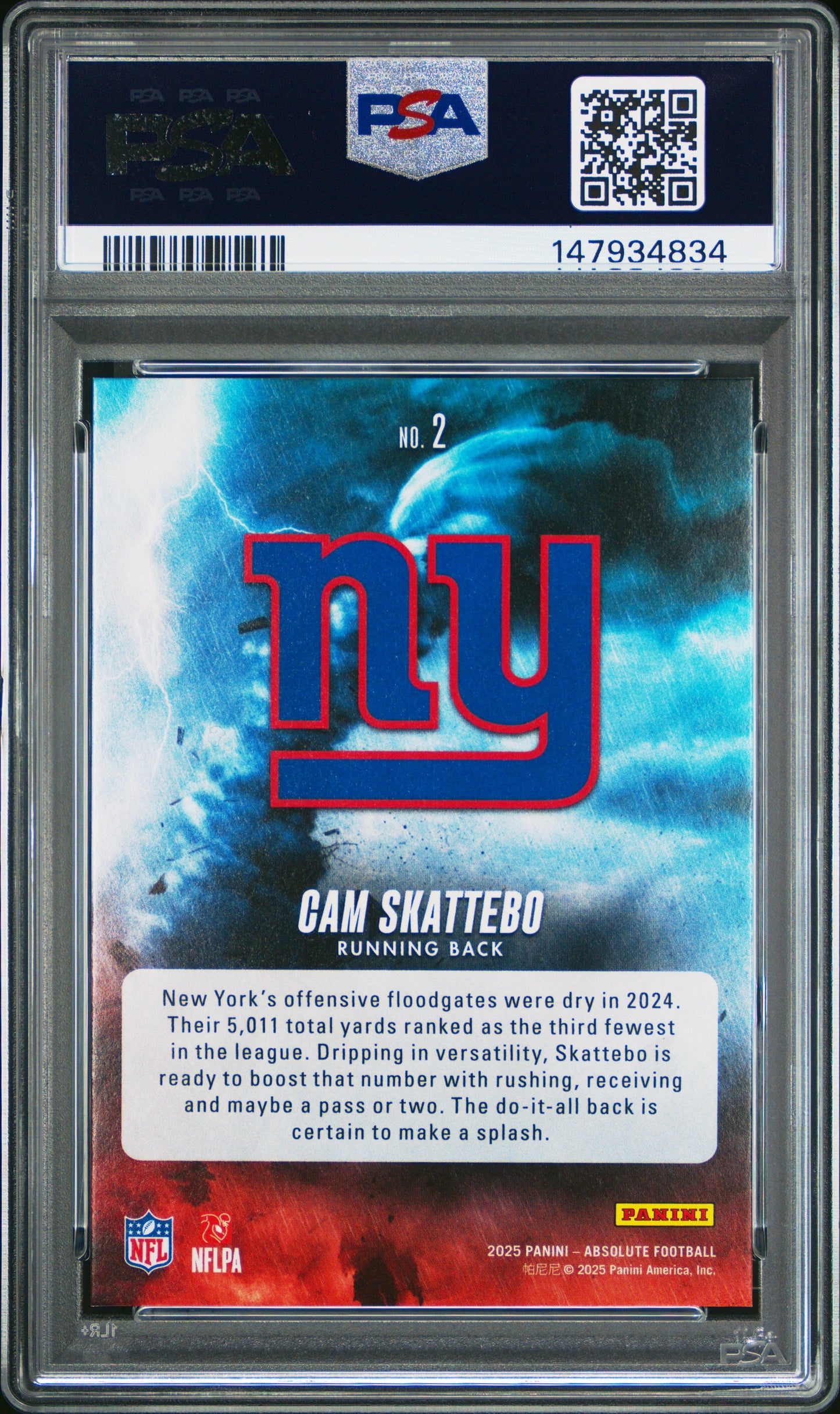 Graded 2025 Panini Absolute Cam Skattebo #2 By Storm Rookie RC Football Card PSA 8 Near Mint