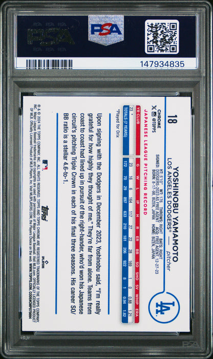 Graded 2024 Topps Chrome Yoshinobu Yamamoto #18 Sepia Refractor Rookie RC Baseball Card PSA 9 Mint