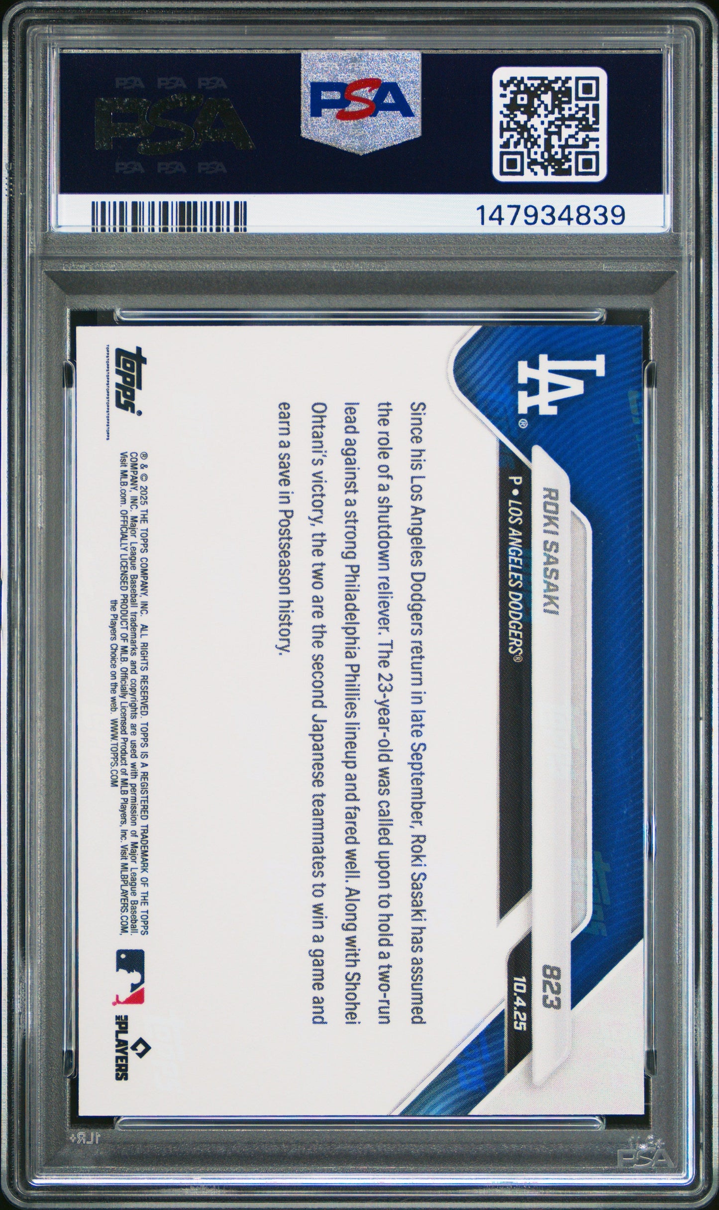 Graded 2025 Topps Now Roki Sasaki #823 Rookie RC Baseball Card PSA 10 Gem Mint