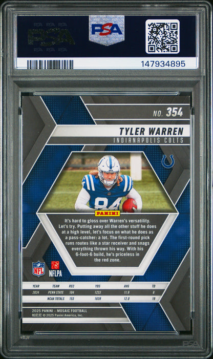 Graded 2025 Panini Mosaic Tyler Warren #354 Rookie RC Football Card PSA 9 Mint