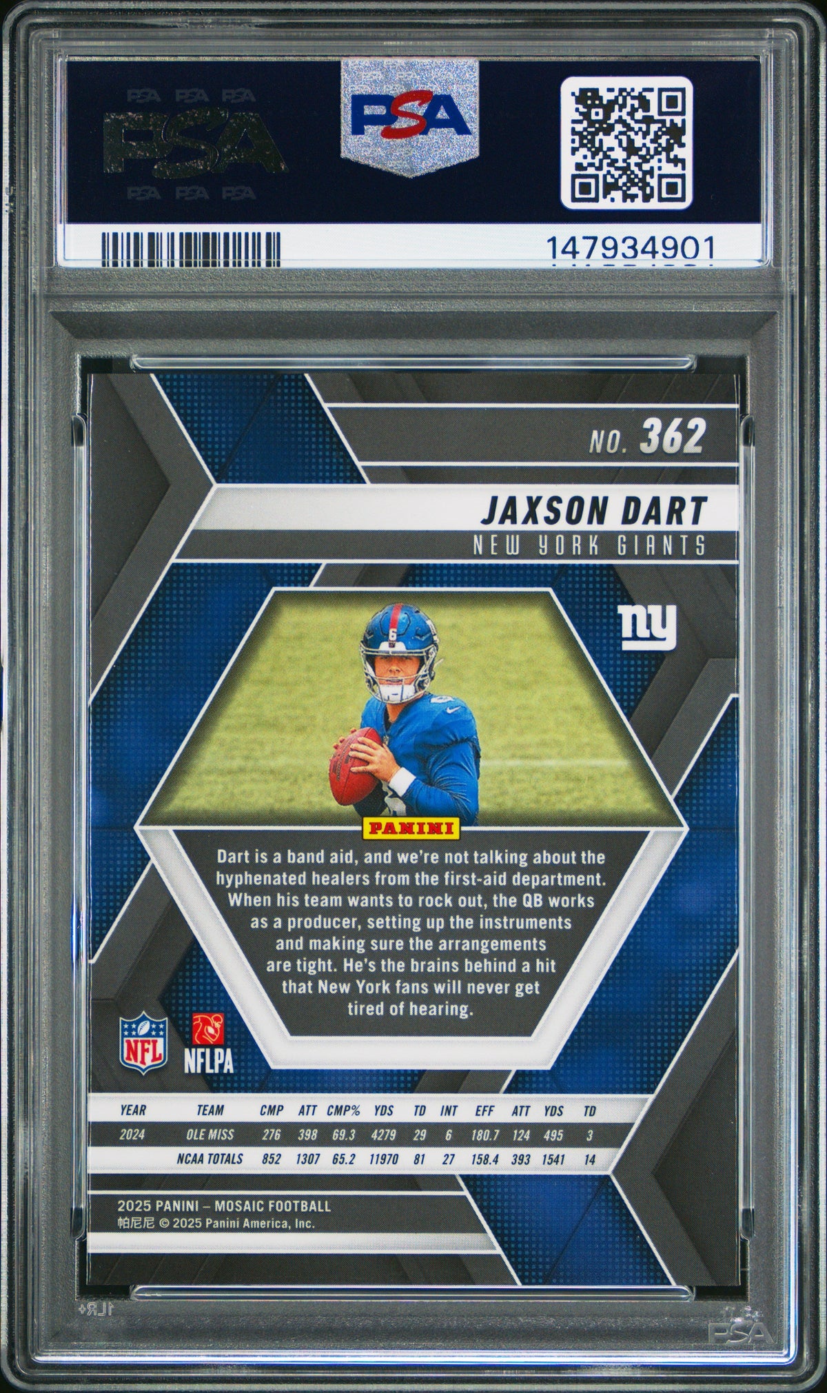 Graded 2025 Panini Mosaic Jaxson Dart #362 Rookie RC Football Card PSA 9 Mint