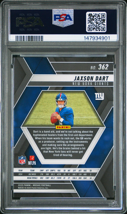 Graded 2025 Panini Mosaic Jaxson Dart #362 Rookie RC Football Card PSA 9 Mint