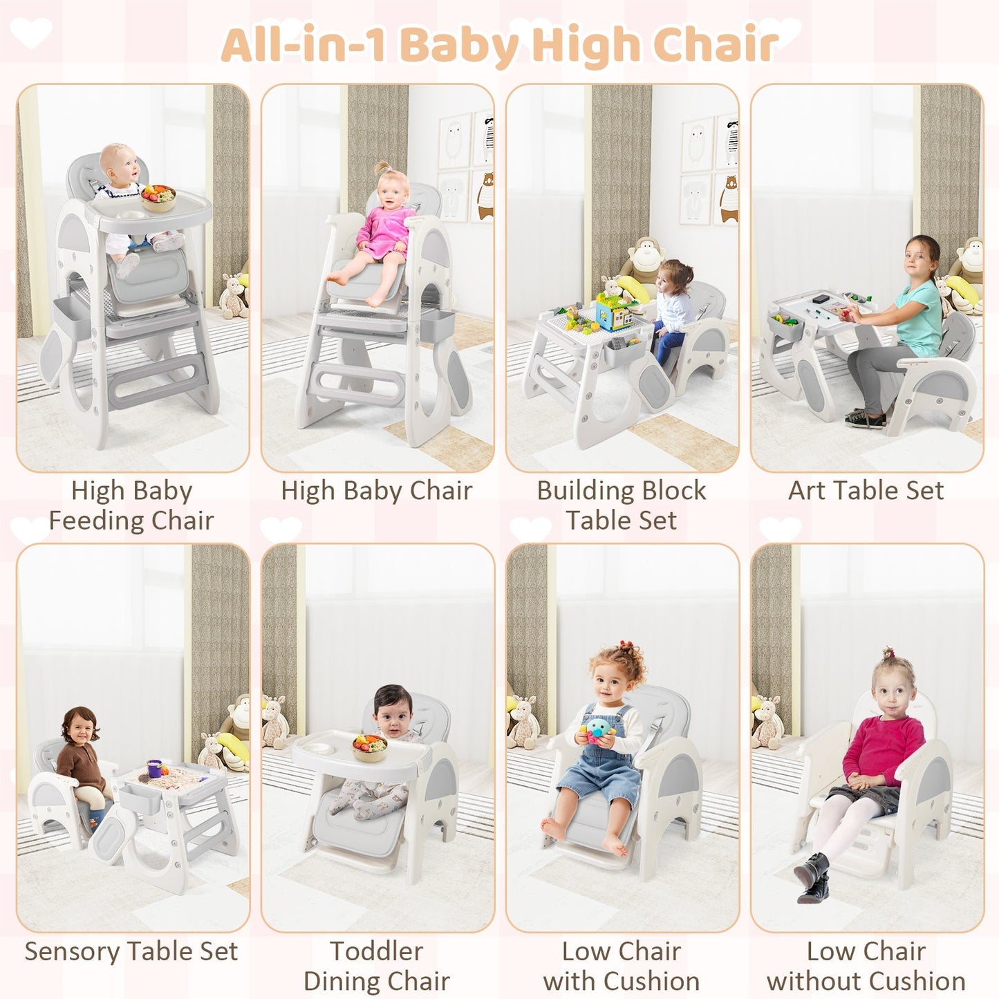 Convertible Baby High Chair with Double-layer Tray and Adjustable Backrest