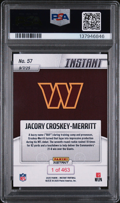 Graded 2025 Panini Instant Jacory Croskey-Merritt #57 Rookie RC Football Card PSA 9 Mint