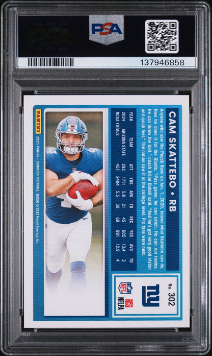 Graded 2025 Panini Donruss Cam Skattebo #302 Rookie RC Football Card PSA 9 Mint