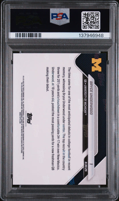 Graded 2025 Topps Bowman U Now Bryce Underwood #1 Rookie RC Football Card PSA 9 Mint