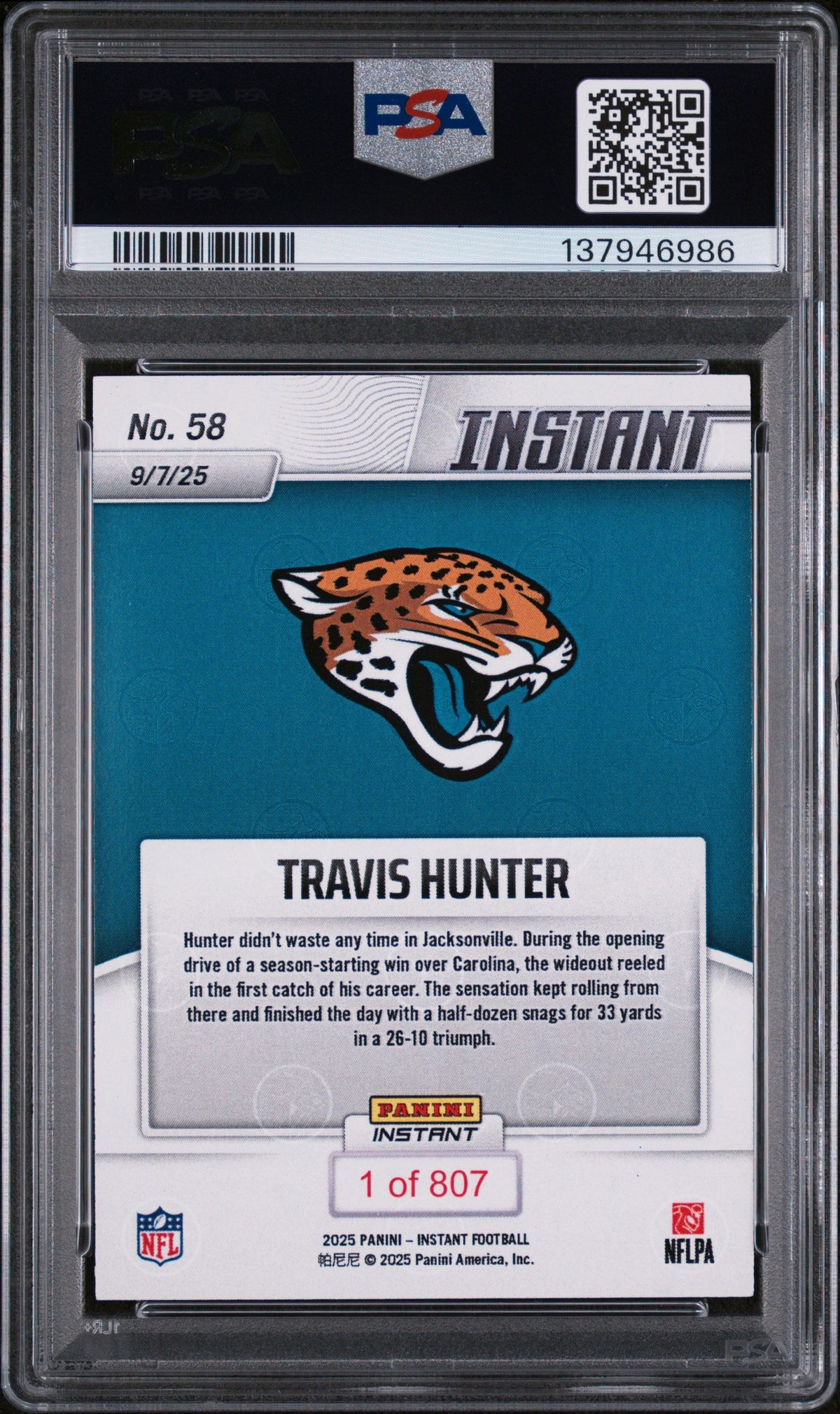 Graded 2025 Panini Instant Travis Hunter #58 Rookie RC Football Card PSA 8 Near Mint