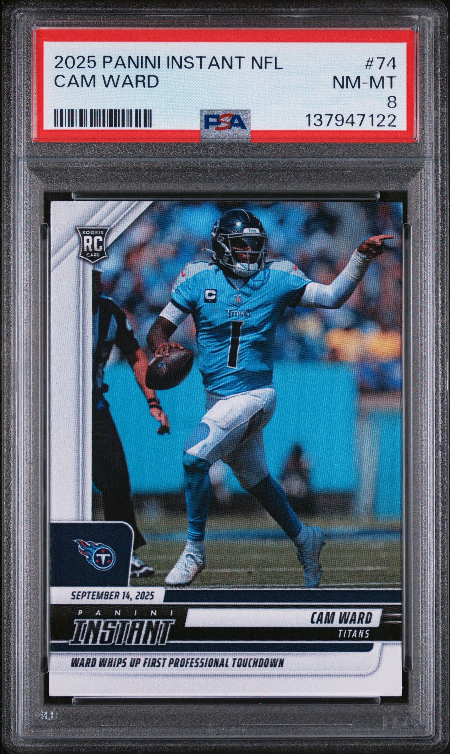 Graded 2025 Panini Instant NFL Cam Ward #74 Rookie RC Football Card PSA 8 Near Mint