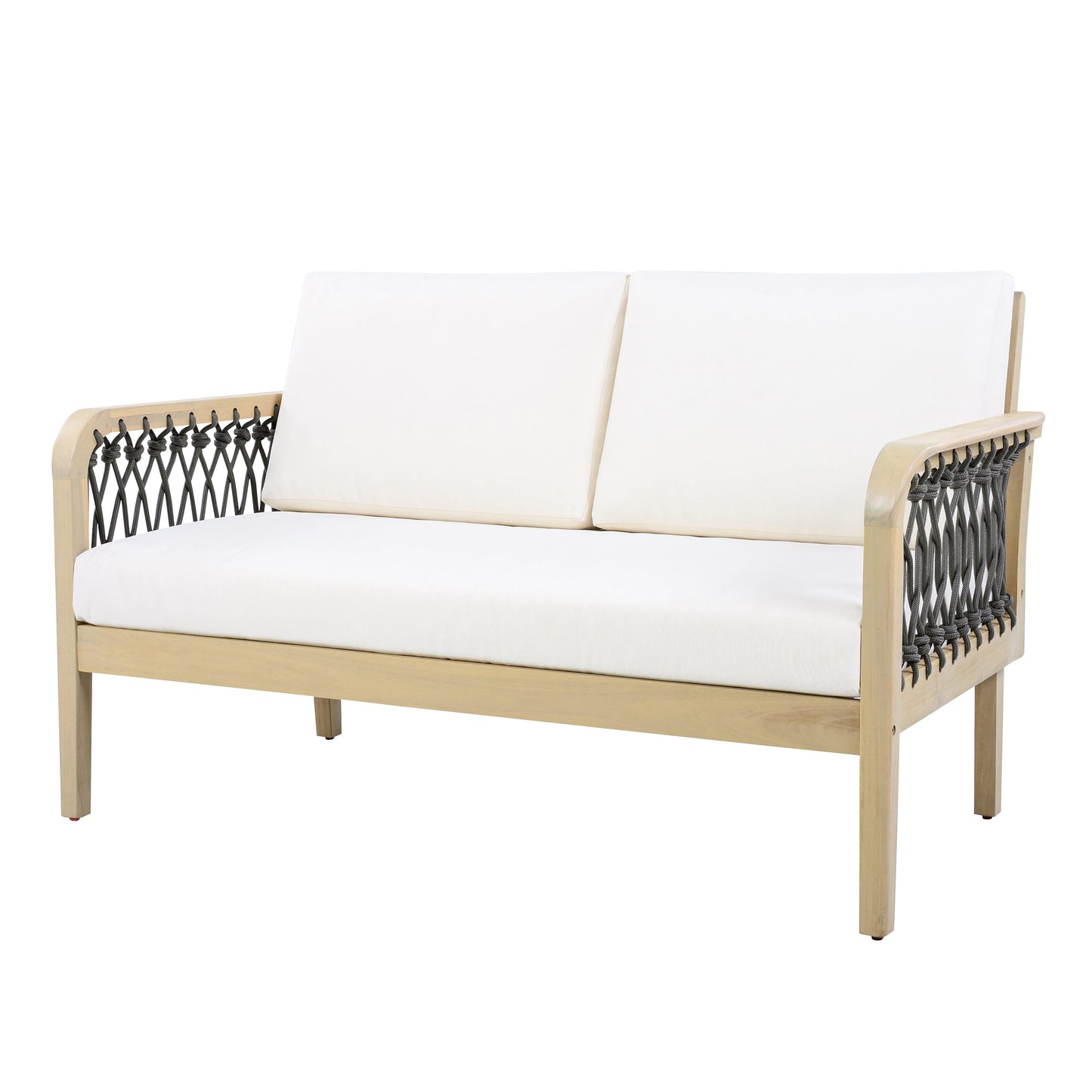 Outdoor Acacia Wood Loveseat & Coffee Table Set with Handwoven Rope, Light Teak