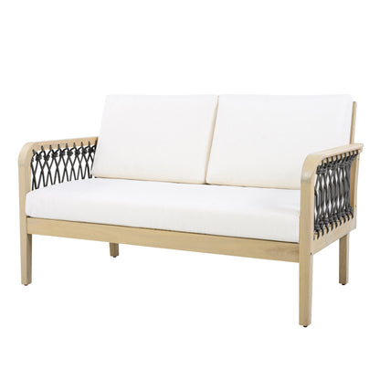 Outdoor Acacia Wood Loveseat & Coffee Table Set with Handwoven Rope, Light Teak