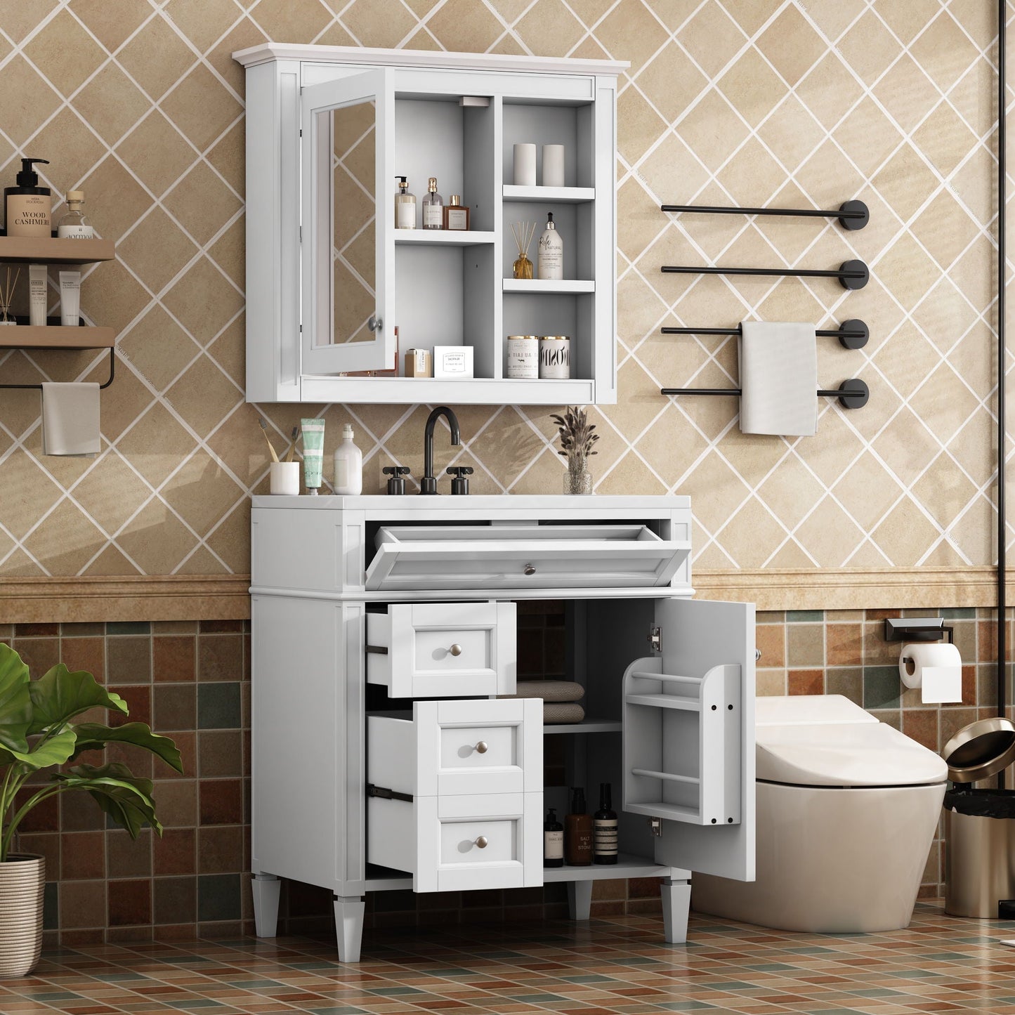 Bathroom Vanity With Medicine Cabinet, Royal Mirror Cabinet, Modern Bathroom Storage Cabinet With 2 Soft Closing Doors And 4 Drawers