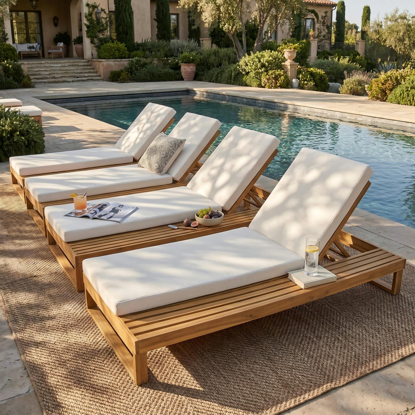 Teak Finish Acacia Wood Chaise Lounge with 4-Inch Cushion