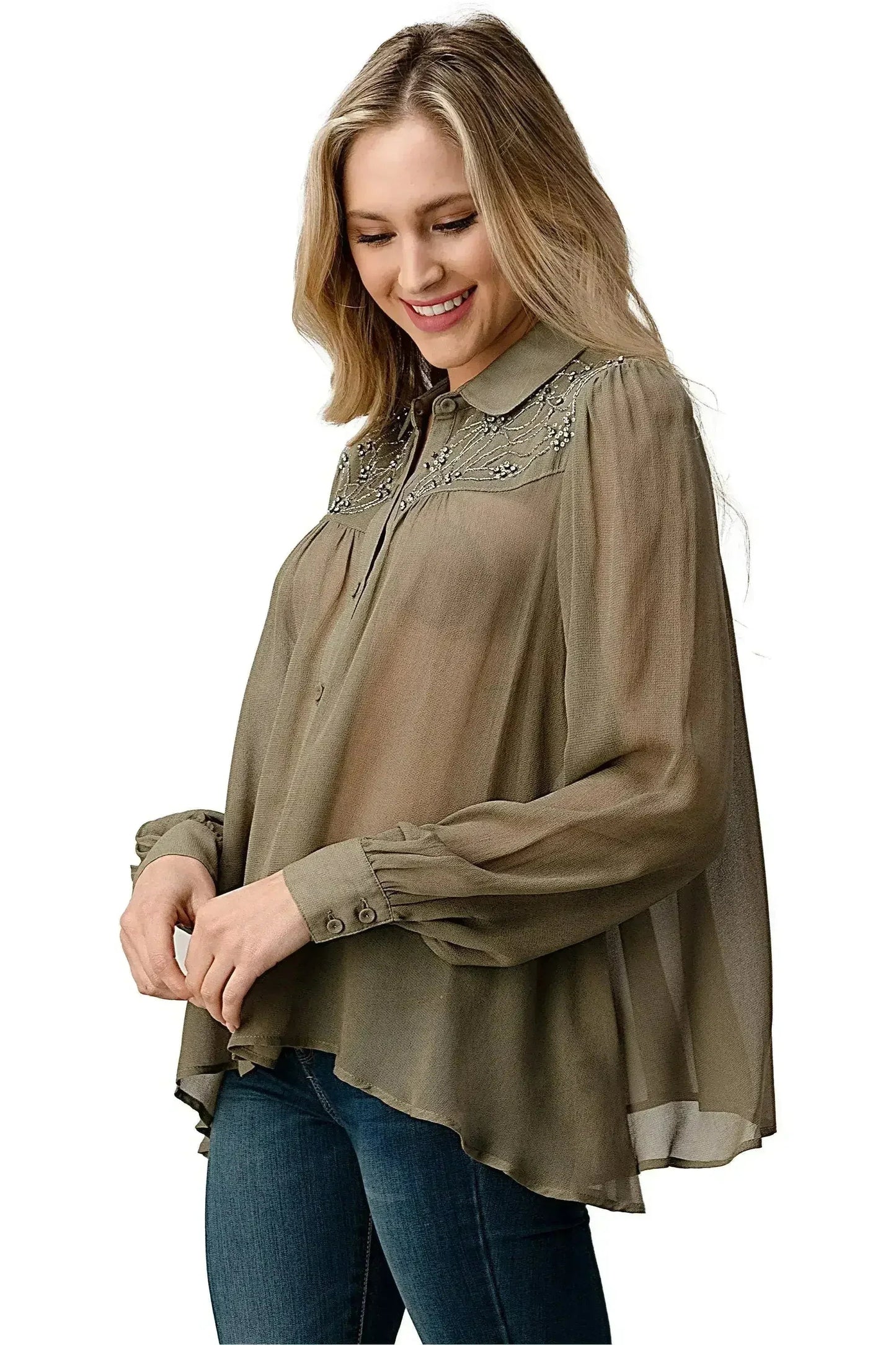 Embroidered Sheer Blouse - Beaded Jewel Trim Button-Up Top | Femstylo