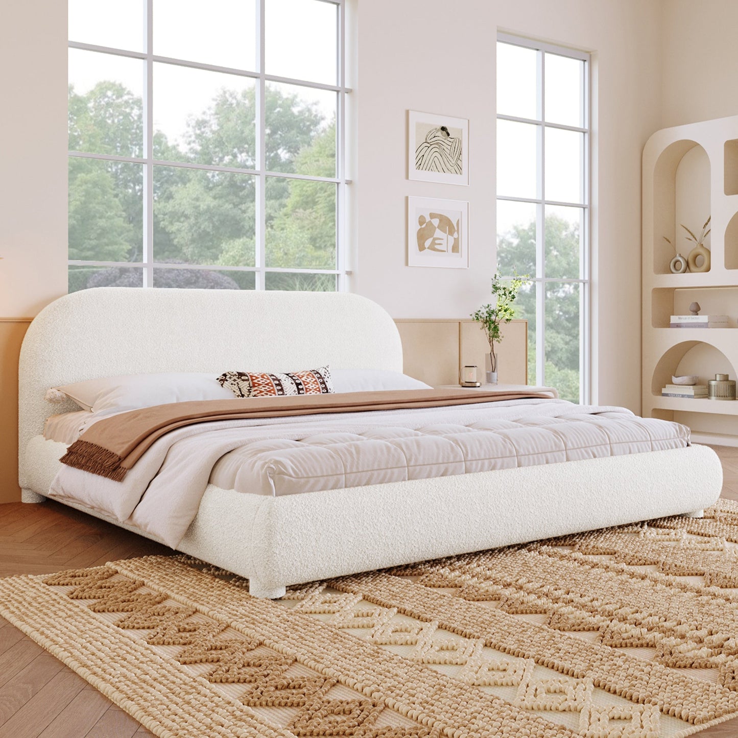Cream Style Fabric Upholstered Bed, Simple Modern Bedroom King
