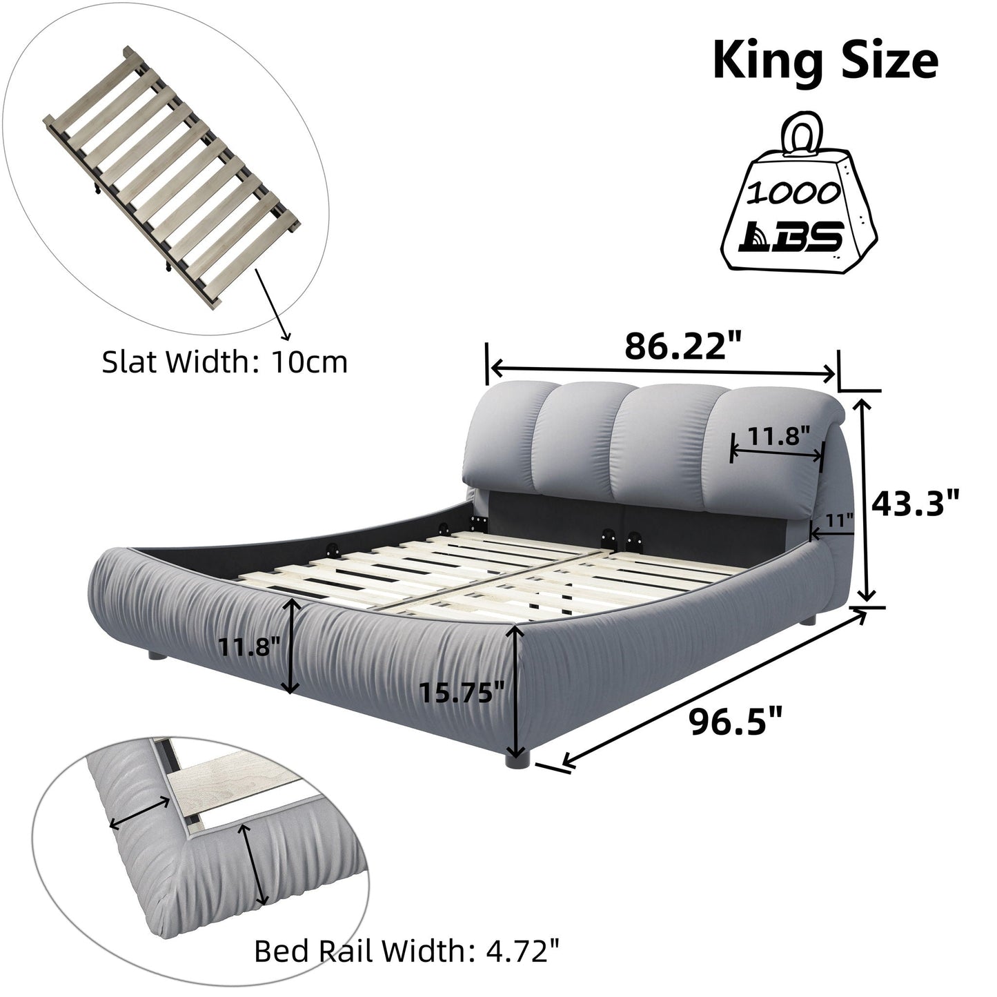 Luxury Upholstered Platform Bed With Oversized Padded Backrest And Solid Wood Frame