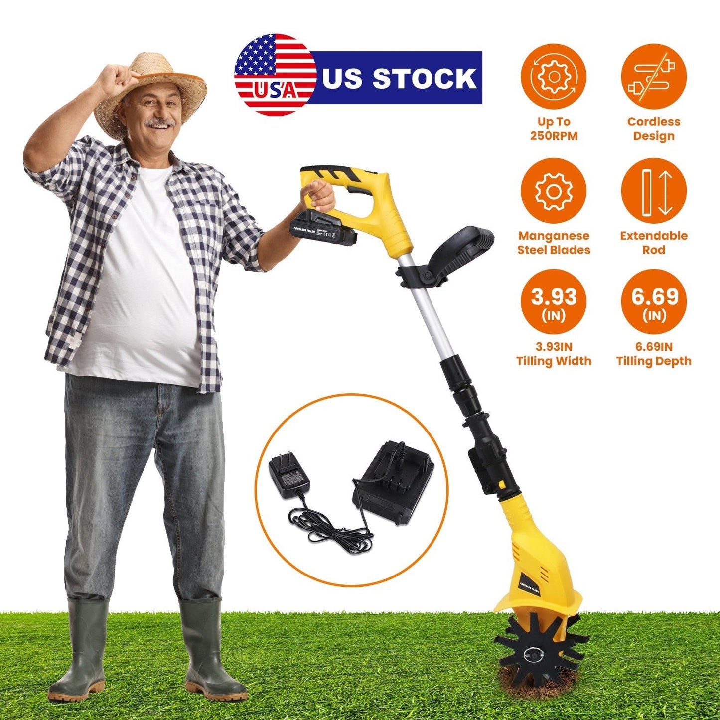 Cordless Electric Garden Tiller Cultivator With 20V Rechargeable Battery 3.93In Width 6.69In Depth 250RPM Max For Garden Yard Farm Lawn
