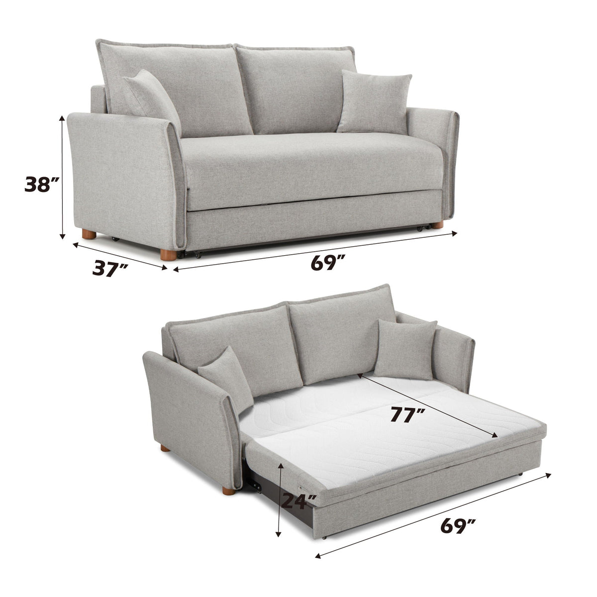 Oren - Chenille Sleeper Sectional Sofa With Storage 2 Toss Pillows - Gray