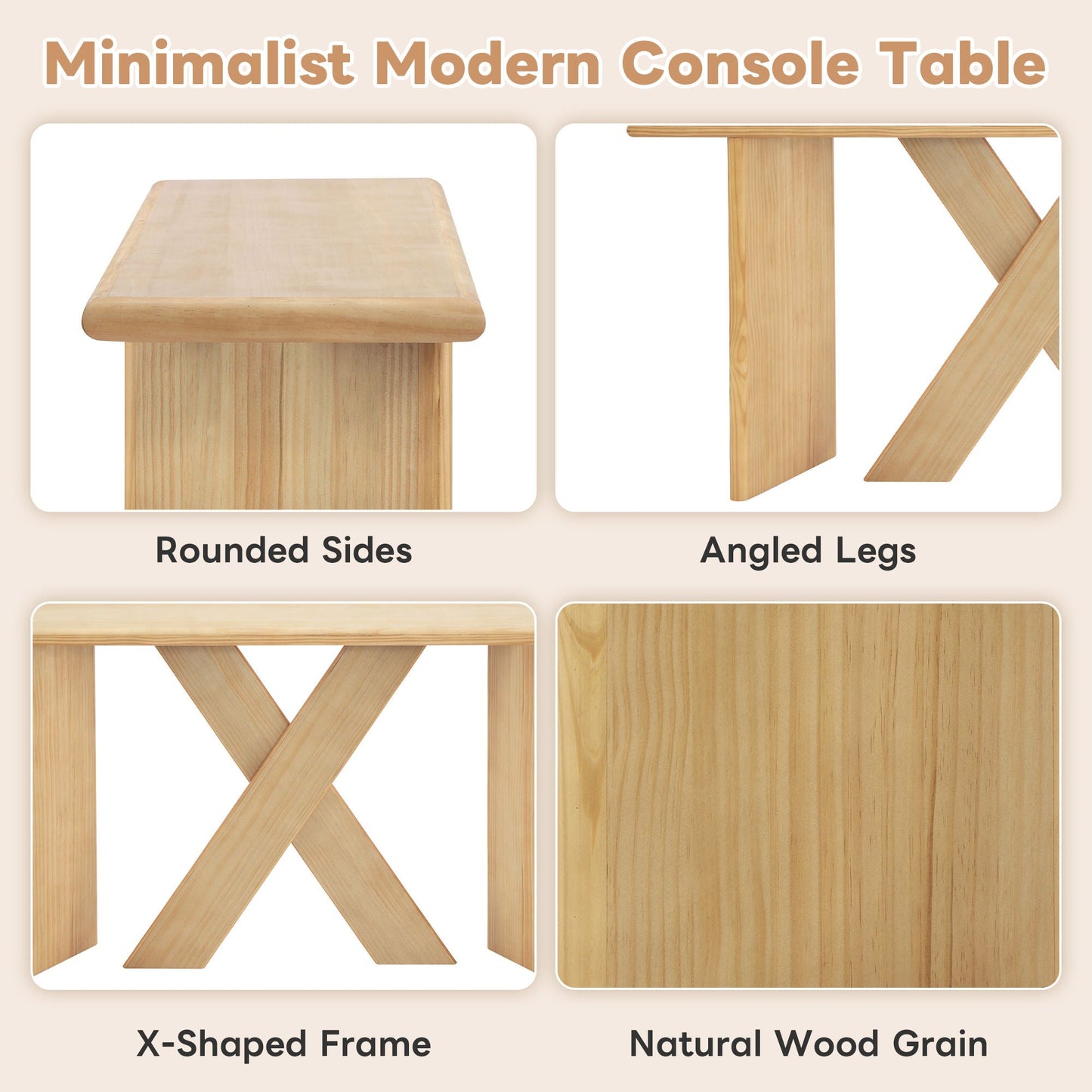 X-Frame Console Table, Angled Cross Leg Design, Rounded Edges - Natural