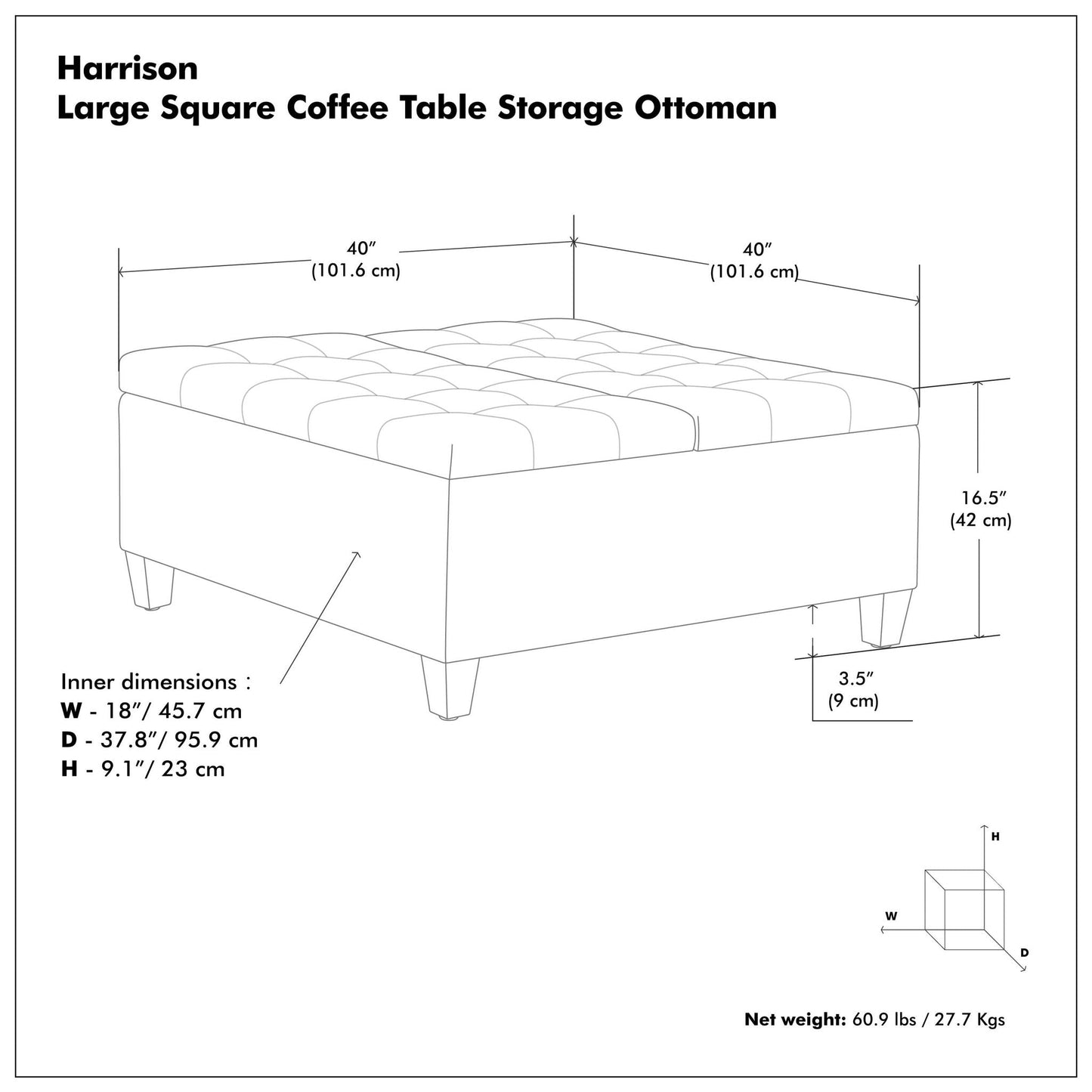 Harrison - Large Square Coffee Table Storage Ottoman - Black