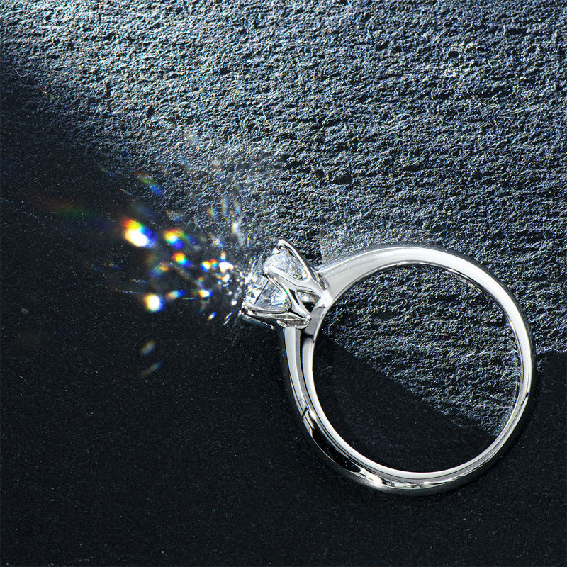 Classic Six Prong Solitaire Ring For Women, Round Cut Clear Tone Simulated Zirconia Silver Tone Thin Band Light Luxury Wedding Engagement Finger Jewelry