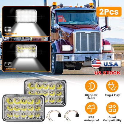 4x6in Car LED Headlights Vehicle Rectangular Headlamp with H4 Socket H4-to-3Pins Adapter with High Low Beam White Light IP68 Waterproof for 10-80V SUV