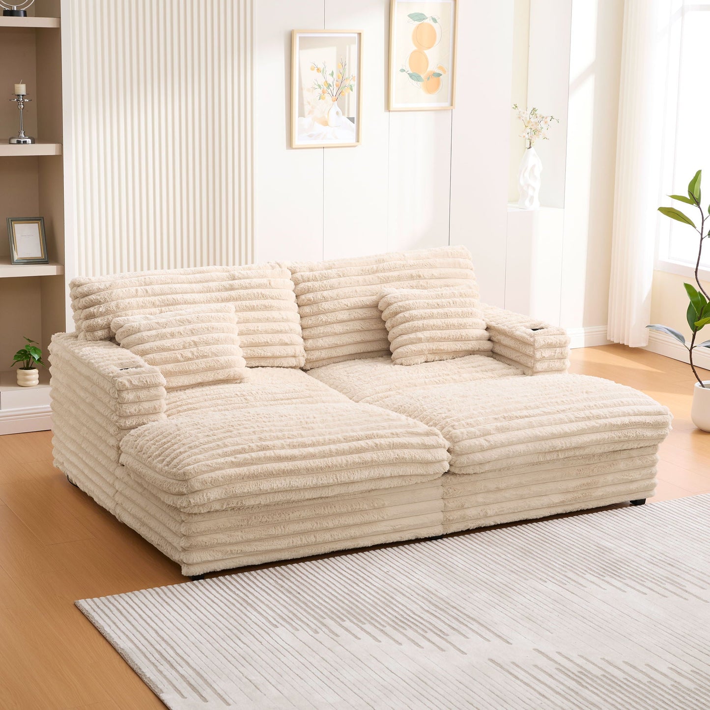 Oversized Double Chaise Lounge Sofa Bed With USB Ports And Cup Holders