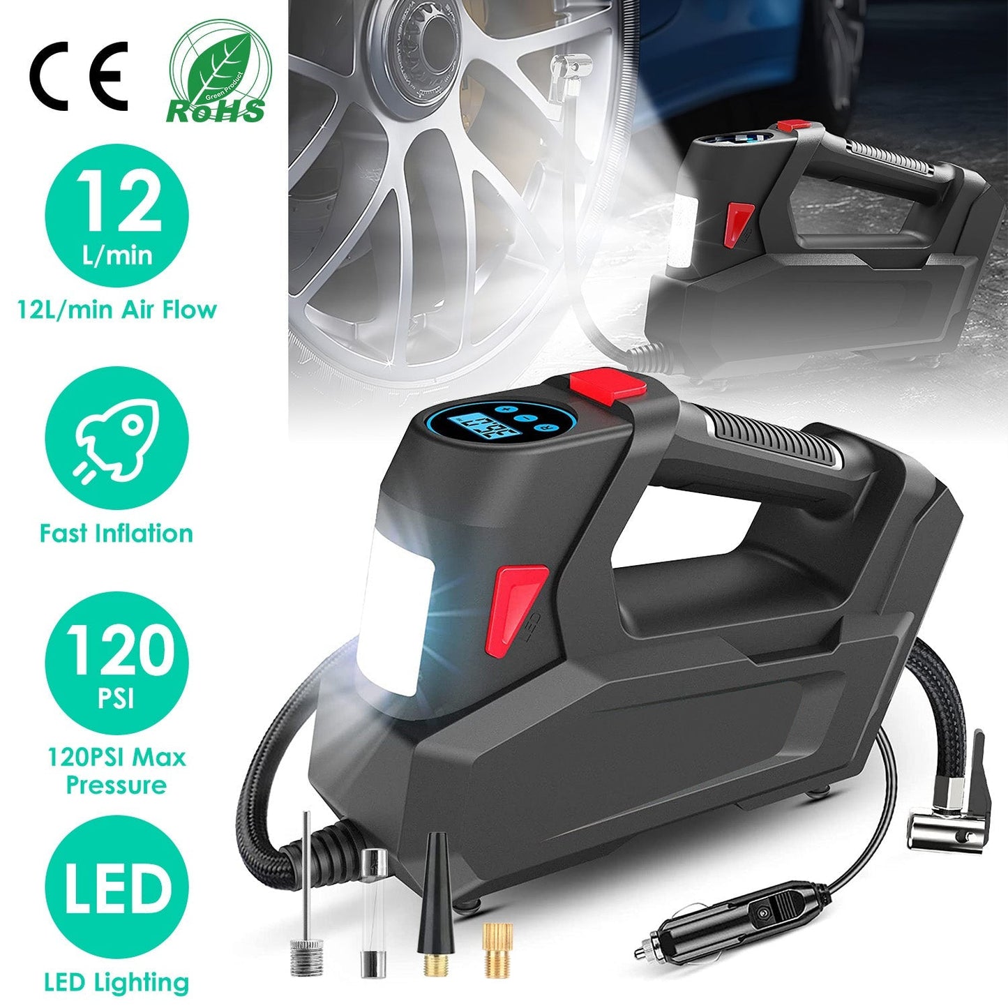 Portable Tire Inflator 120 PSI Maximum 90W Powered Tire Pump with Digital Display LED Light Inflatable Nozzle Needle Fuse Air Compressor for Bikes Mot