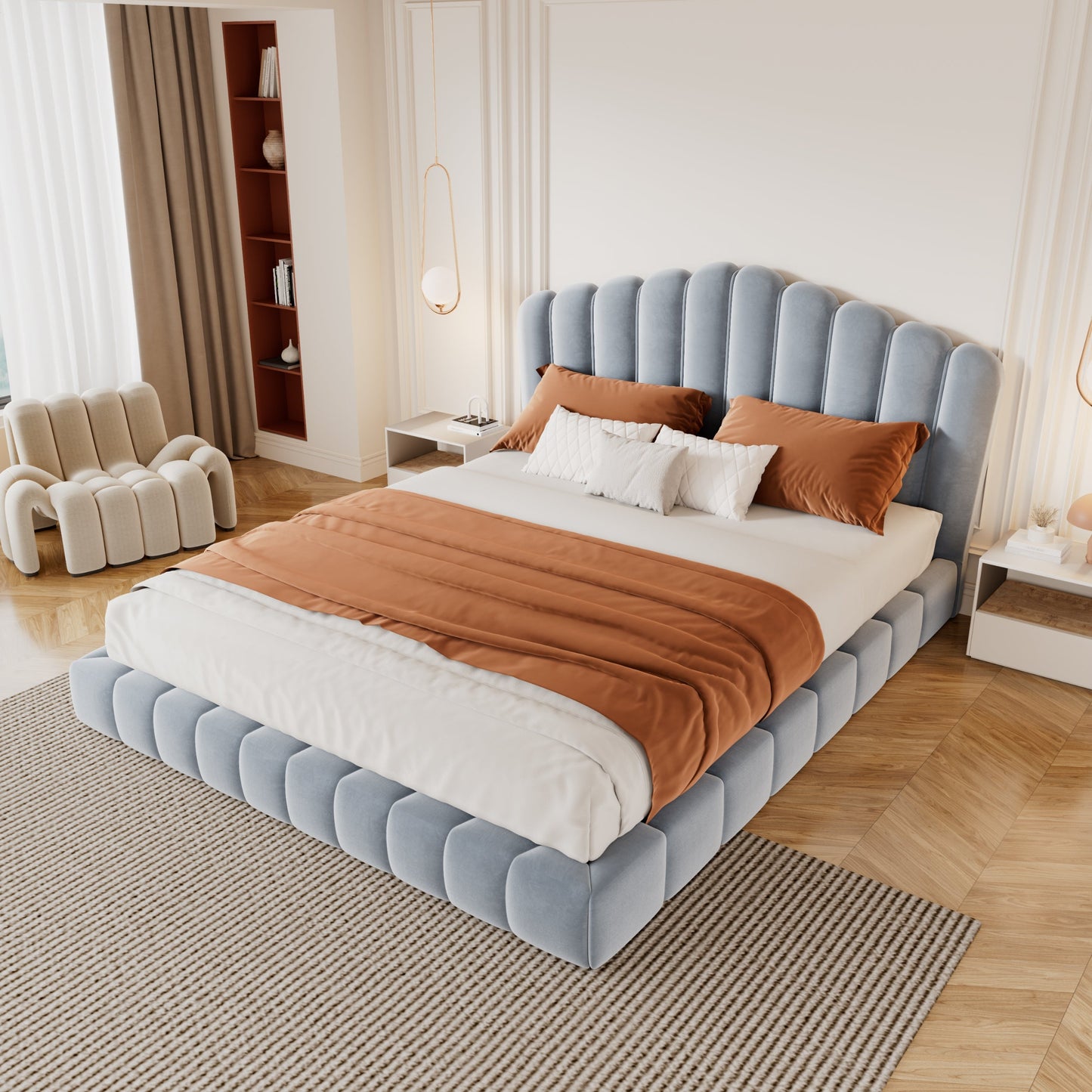Velvet Upholstered Queen Bed with Shell-Shaped Headboard