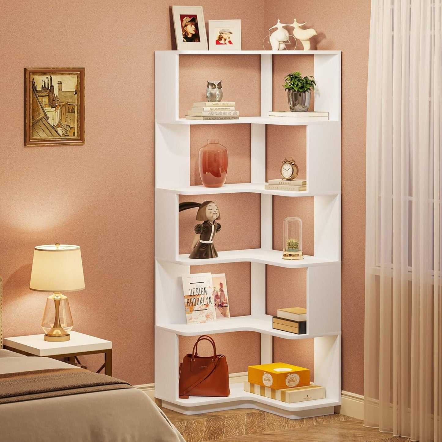 6 Tier Corner Bookshelf, L-Shaped Freestanding Shelf With Anti Drop Panels