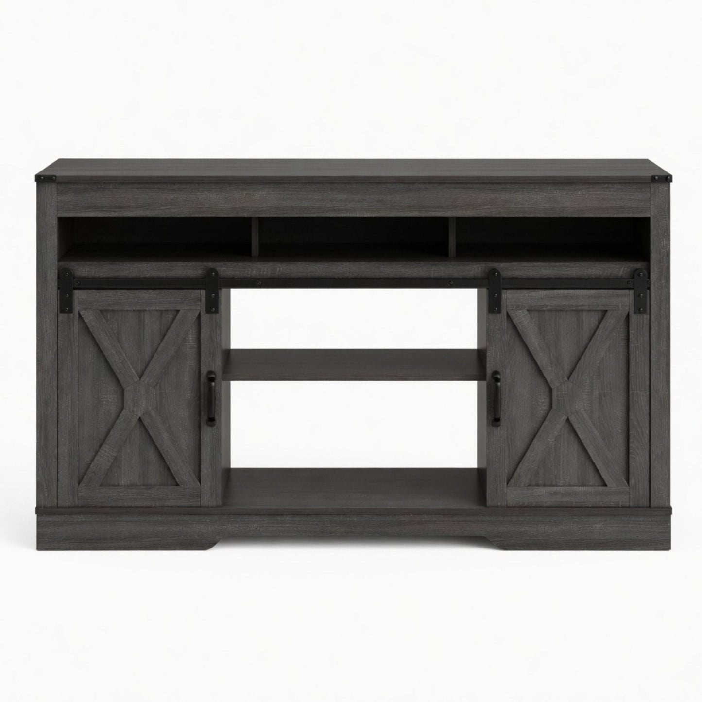 Farmhouse TV Stand With Sliding Barn Doors & Adjustable Storage