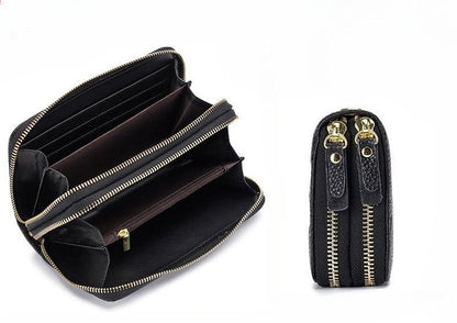 Women's Leather Double Zipper Wallet - Solid Color Large Capacity Long Phone Wallet from First-Layer Cowhide