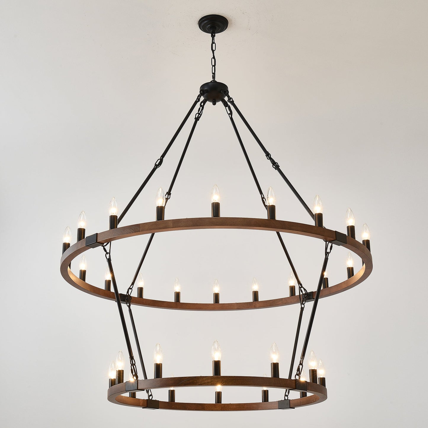 Large Solid Wood Wagon Wheel Chandelier, 2-Tier 32-Lights
