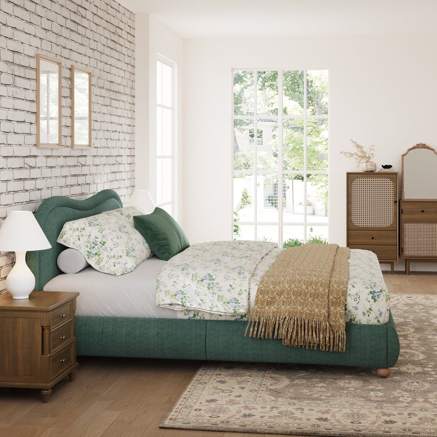 King Size Upholstered Platform Bed Frame with Rounded Corners