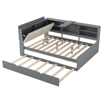 Platform Bed With Trundle, Shelves, And Storage Headboard