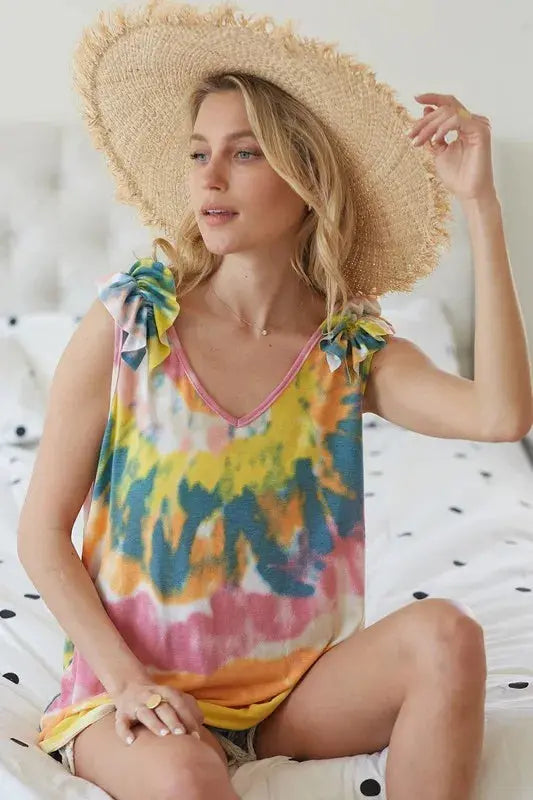 Trendsi Tie Dye Ruffle Knit Tank - V-Neck