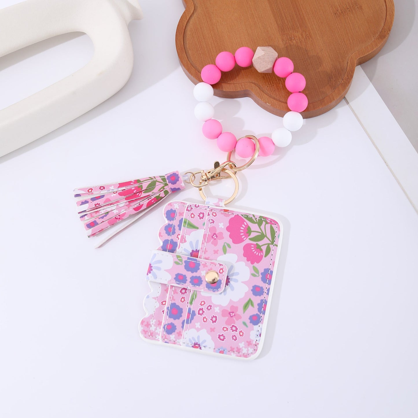 Printed Leather Wallet Keychain For Women