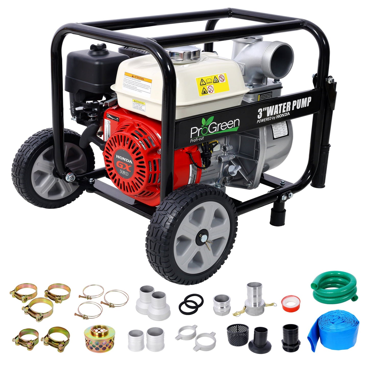 Honda - Gx160 Engine Water Pump 3" 264Gpm With Accessories Kit And Handle Wheel Kit - Black / Red