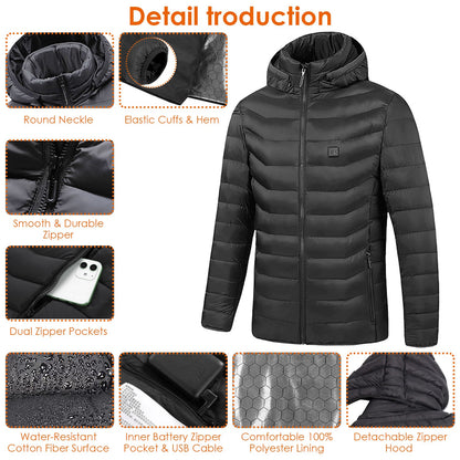Heated Jacket with 8 Heating Zones & Detachable Hood