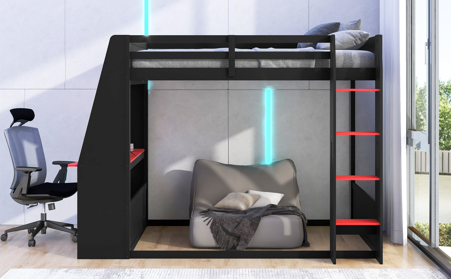 Full Size Wooden Gaming Bunk Bed with Desk, Two Storage Shelves, USB and LED Light