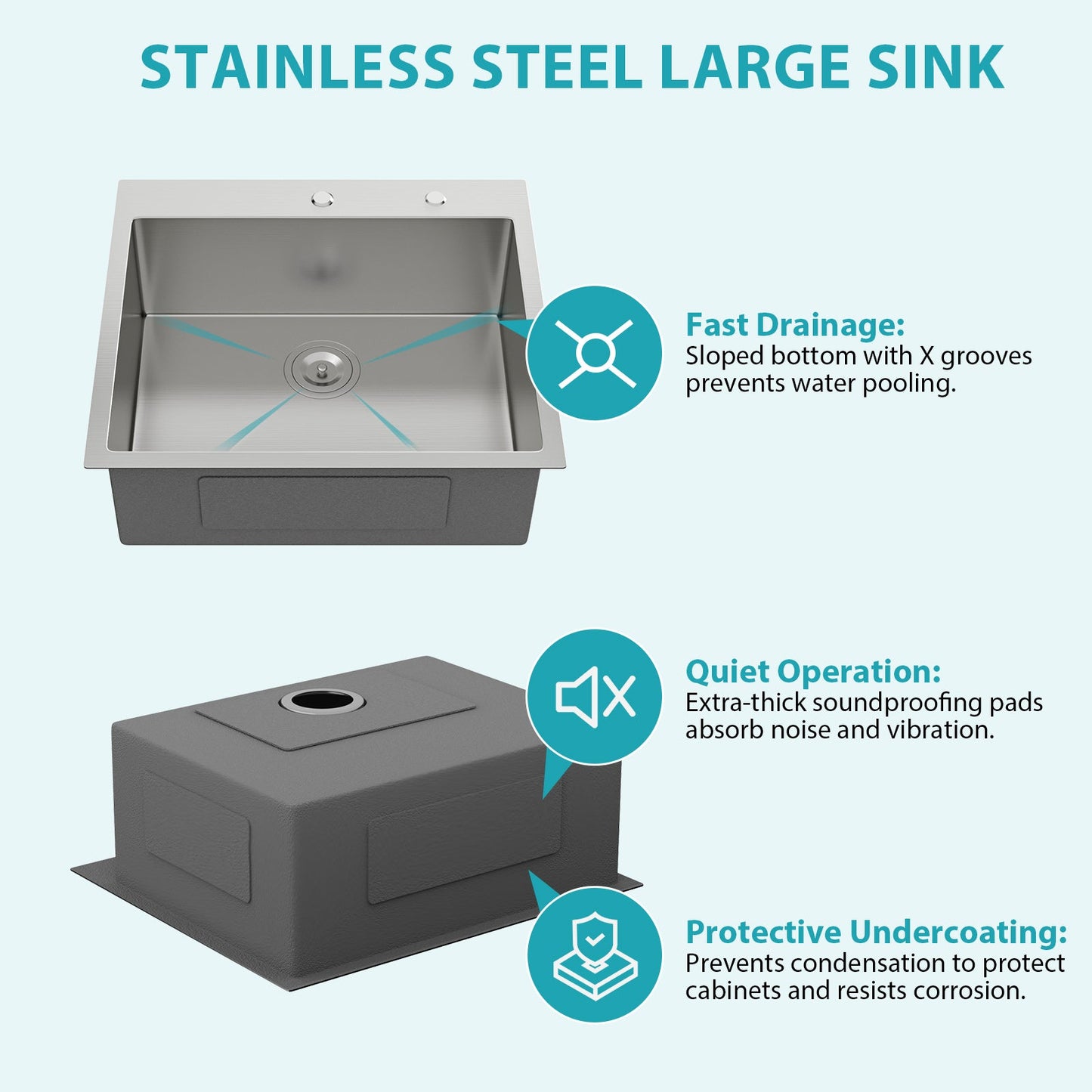 25 x 22 x 9 Inch Kitchen Sink Drop-In 16 Gauge Stainless Steel Single Bowl