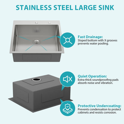 25 x 22 x 9 Inch Kitchen Sink Drop-In 16 Gauge Stainless Steel Single Bowl