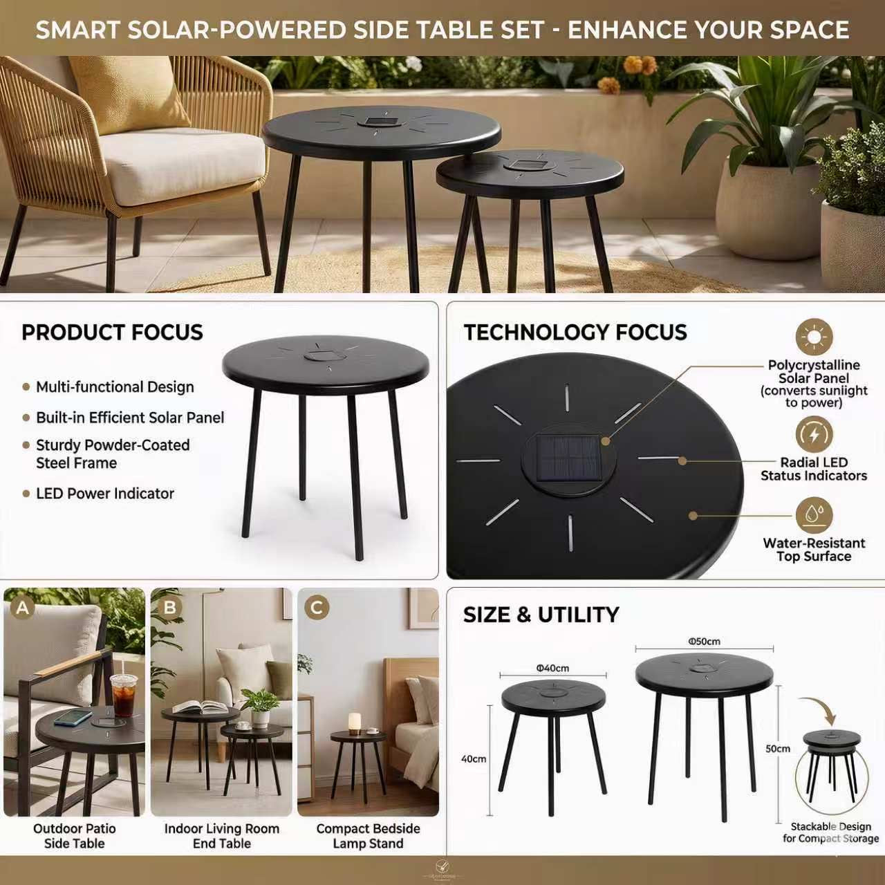 2-Pack Solar Powered Side Table with LED Light, Outdoor/Indoor Nesting Round End Table Set